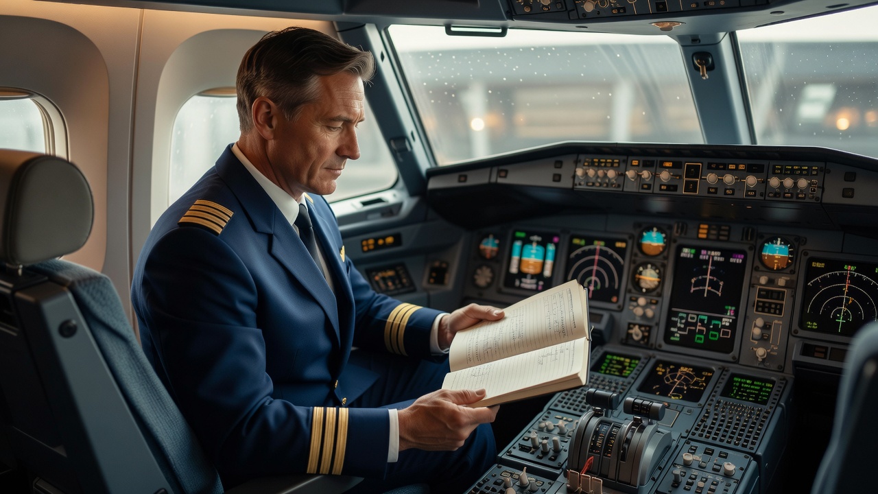 Professional pilot in uniform reviewing logbook in aircraft cockpit, aviation photography style, natural cockpit lightin