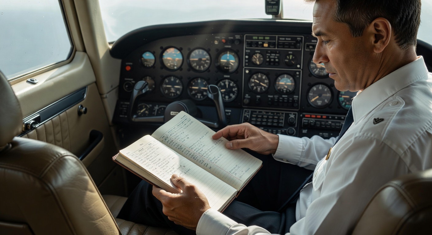 Commercial pilot reviewing logbook in cockpit of single-engine aircraft, hands on open logbook pages, instrument panel v