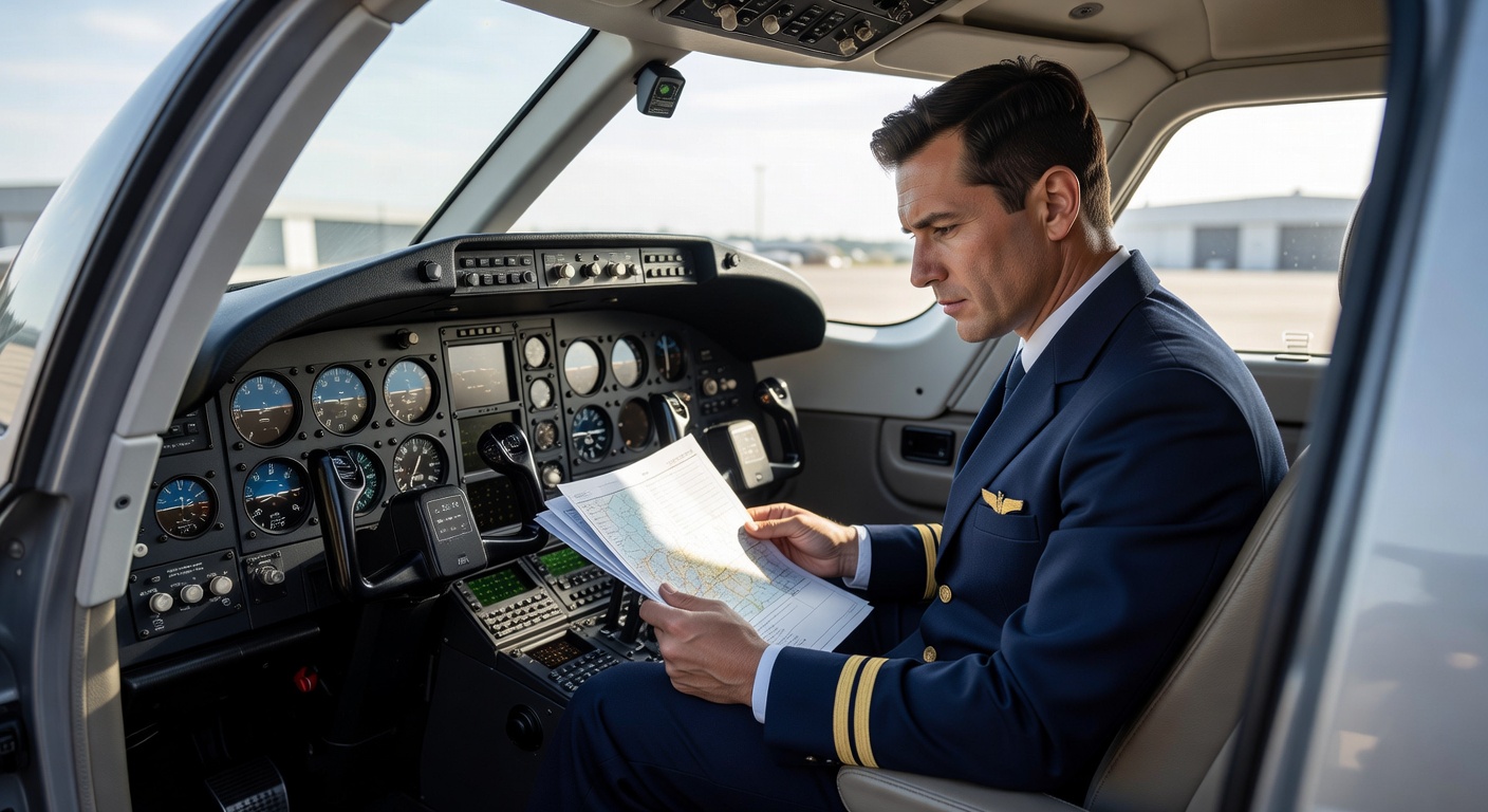 Professional pilot in uniform reviewing flight documents in cockpit of corporate turboprop aircraft, natural window ligh