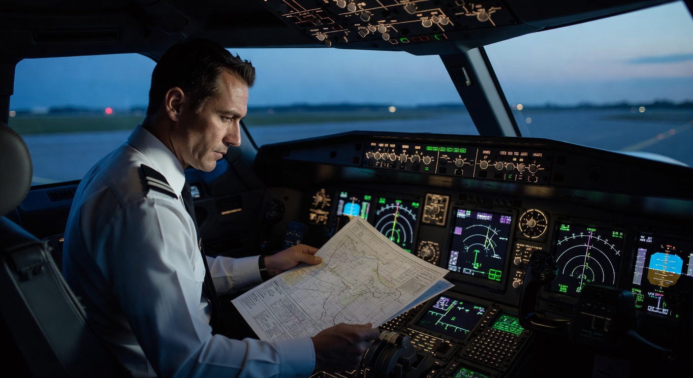 Professional pilot in a glass cockpit aircraft cockpit reviewing IFR approach charts before flight, aviation photography