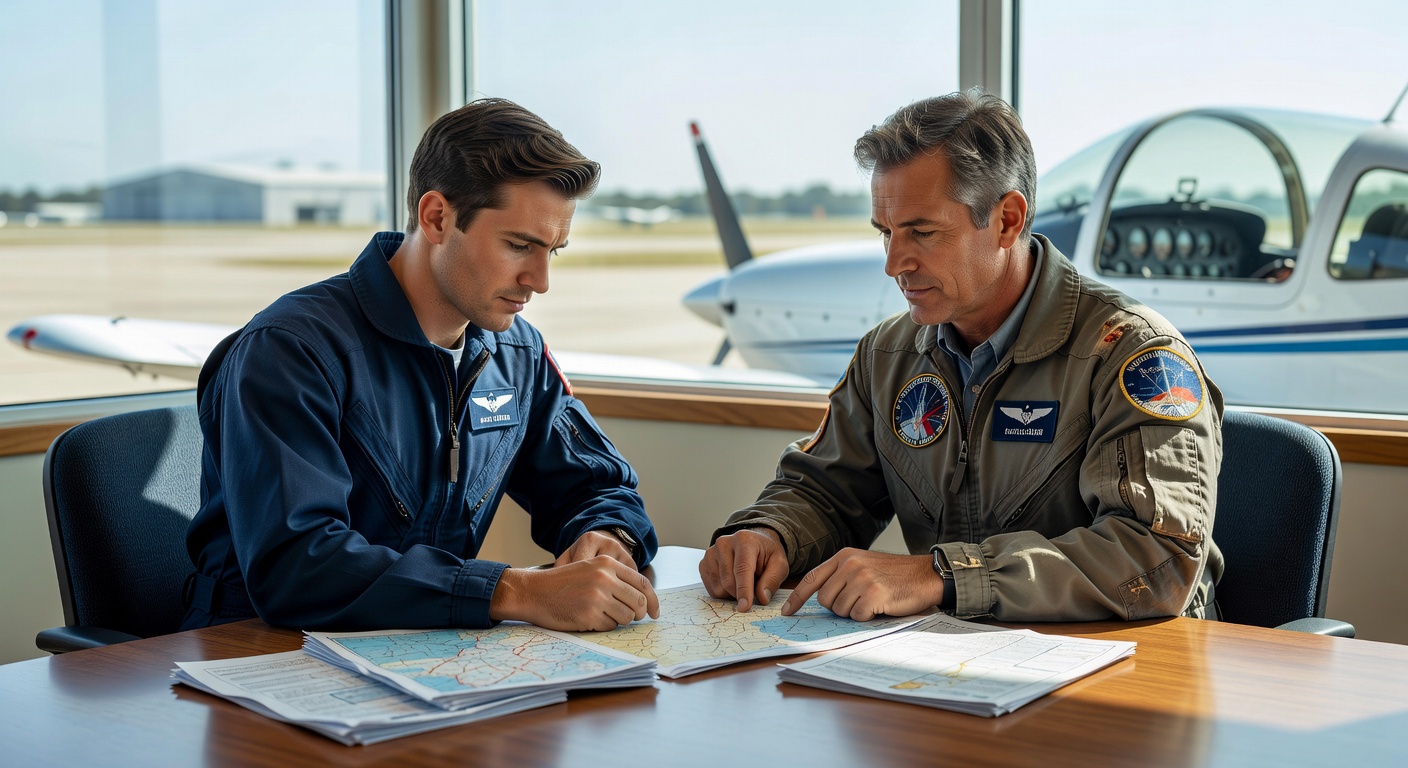 Young aspiring pilot sitting at an airport briefing table reviewing FAA paperwork with a flight instructor, cockpit visi